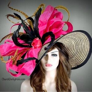 Kentucky Derby Church Derby Hats Pink and Black Wide-Brim Statement Hat